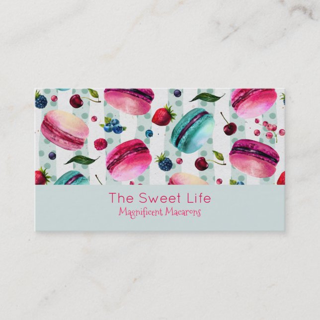 Macarons French Pastry With Berries And Polka Dots Business Card (Front)