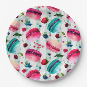 Macarons French Pastry With Berries And Polka Dots Paper Plates