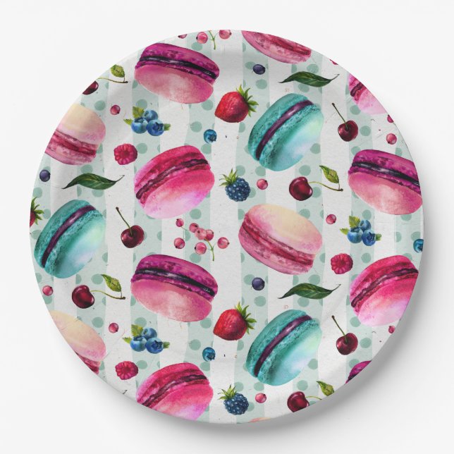 Macarons French Pastry With Berries And Polka Dots Paper Plates (Front)