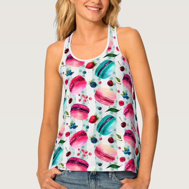Macarons French Pastry With Berries And Polka Dots Tank Top (Front)