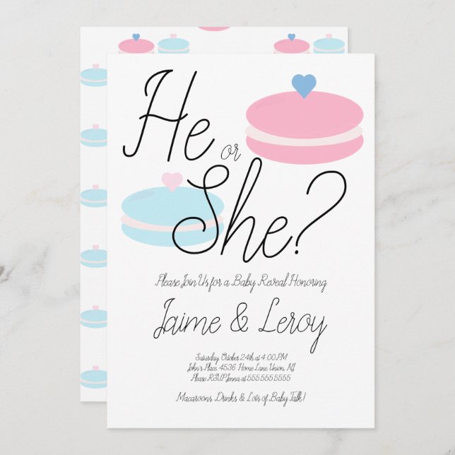 Macarons Pink Blue Gender Reveal He or She  Invitation (Front/Back)
