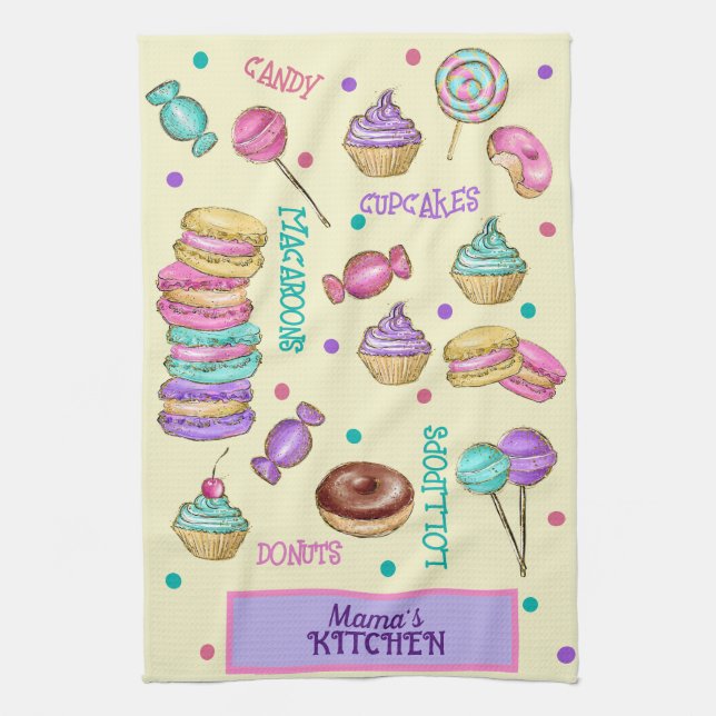 Macaroons Cupcakes Lollipops and Donuts Kitchen Towel (Vertical)