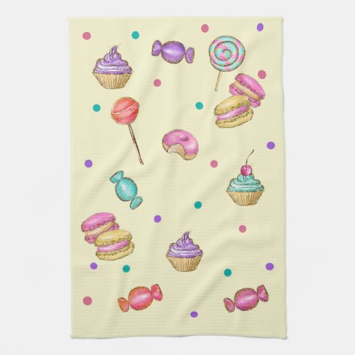 Macaroons Cupcakes Lollipops and Donuts   Kitchen Towel