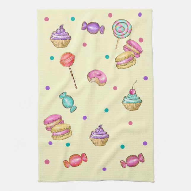 Macaroons Cupcakes Lollipops and Donuts   Kitchen Towel (Vertical)