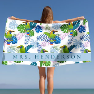 Macau and Palm Leaves Tropical Personalized Beach Towel
