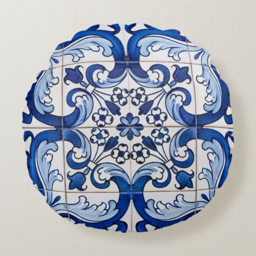 Macau Azulejo Tile Pattern Round Pillow