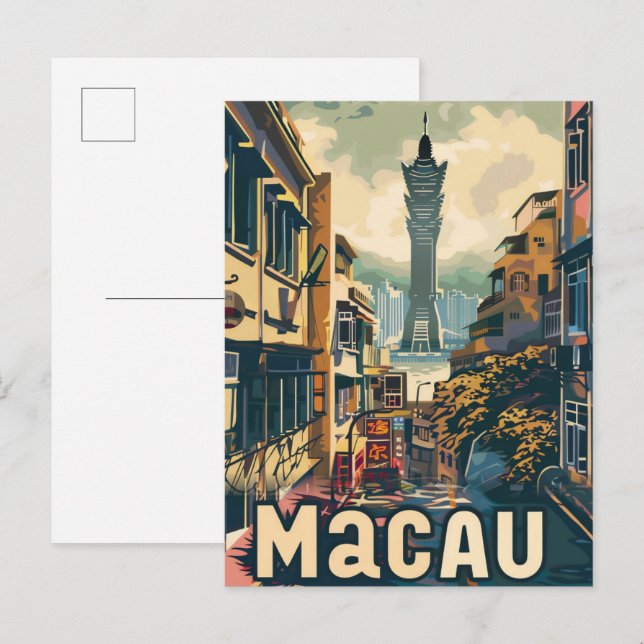 Macau China Vintage Retro Travel Illustration Postcard (Front/Back)
