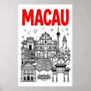 Macau Travel Poster, Bold Red Skyline, Landmarks Poster
