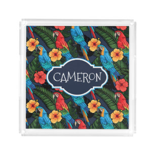 Macaw And Hibiscus Pattern   Add Your Name Acrylic Tray