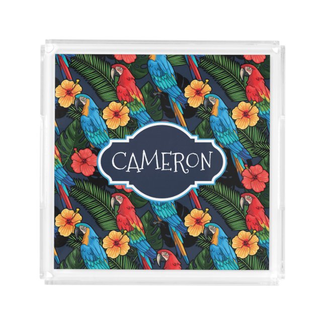 Macaw And Hibiscus Pattern | Add Your Name Acrylic Tray (Front)