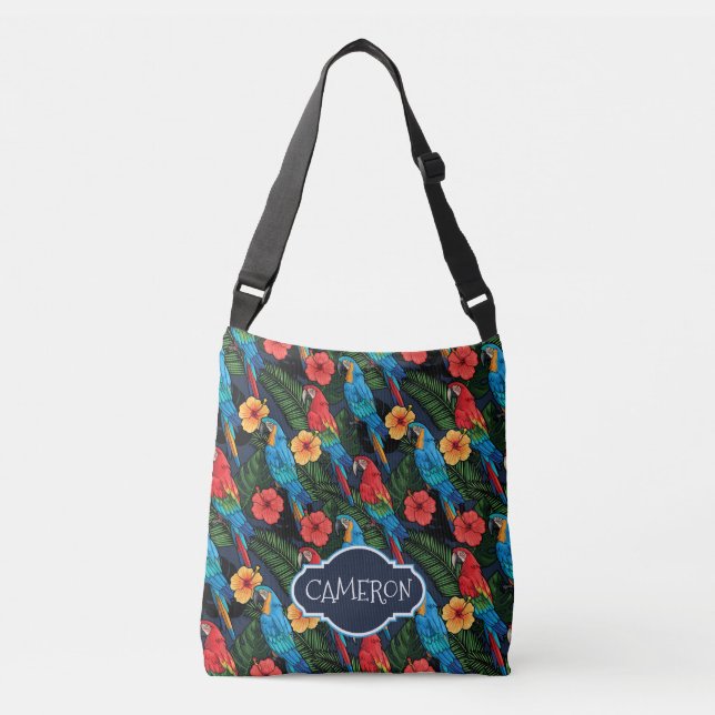 Macaw And Hibiscus Pattern | Add Your Name Crossbody Bag (Front)