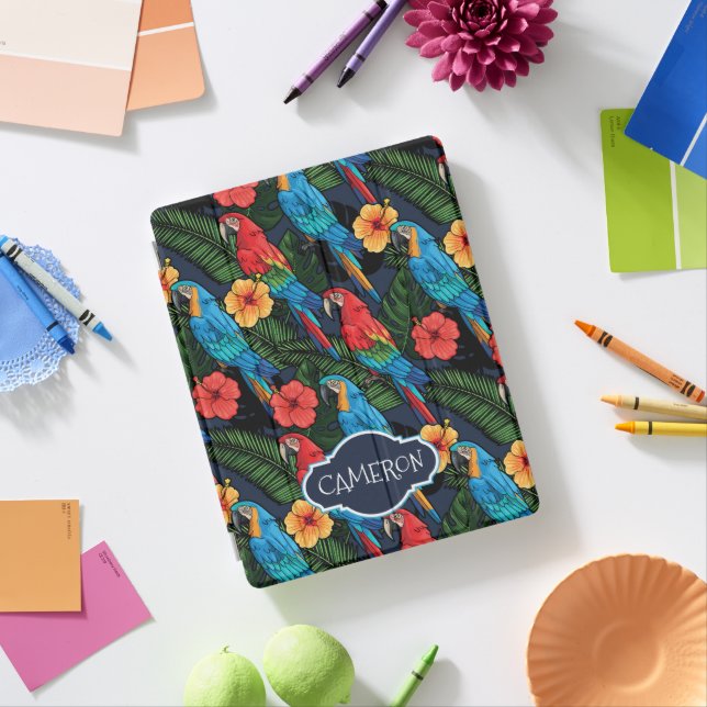 Macaw And Hibiscus Pattern | Add Your Name iPad Smart Cover (In Situ)