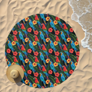 Macaw And Hibiscus Pattern Beach Towel