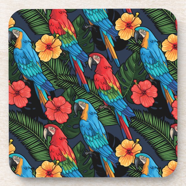 Macaw And Hibiscus Pattern Beverage Coaster (Front)