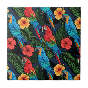 Macaw And Hibiscus Pattern Ceramic Tile