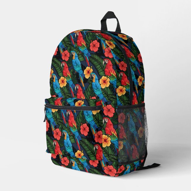 Macaw And Hibiscus Pattern Printed Backpack (Back Corner Right)