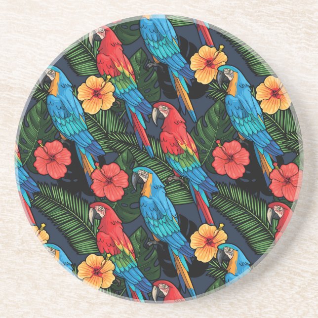 Macaw And Hibiscus Pattern Sandstone Coaster (Front)