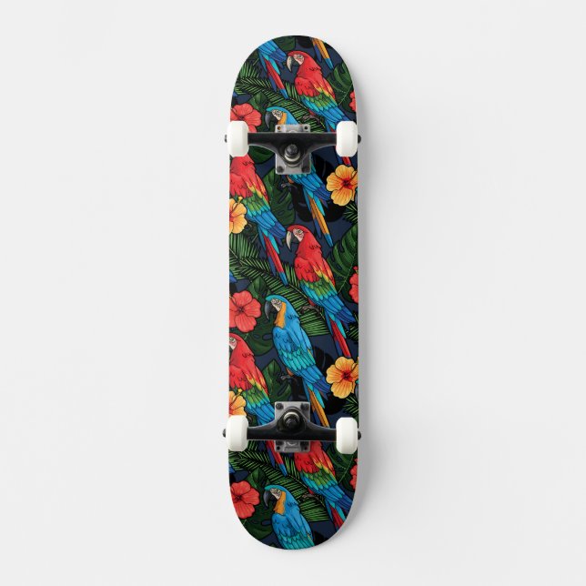 Macaw And Hibiscus Pattern Skateboard Deck (Front)