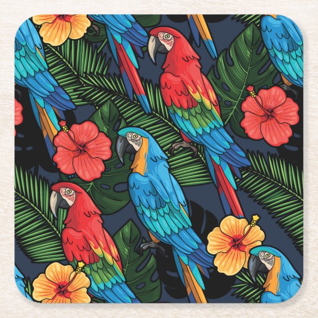 Macaw And Hibiscus Pattern Square Paper Coaster (Front)