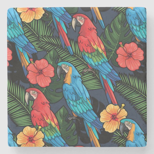 Macaw And Hibiscus Pattern Stone Coaster (Front)