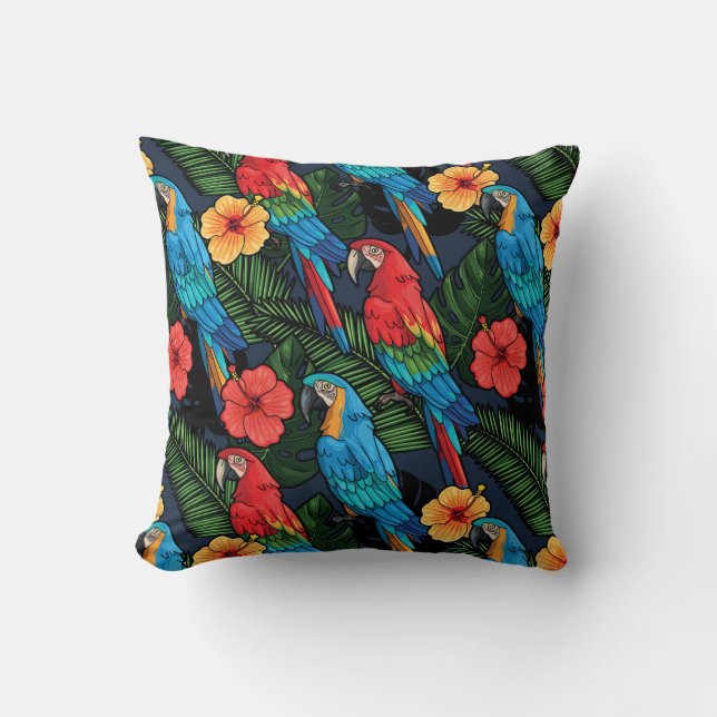 Macaw And Hibiscus Pattern Throw Pillow (Front)