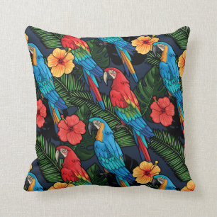 Macaw And Hibiscus Pattern Throw Pillow