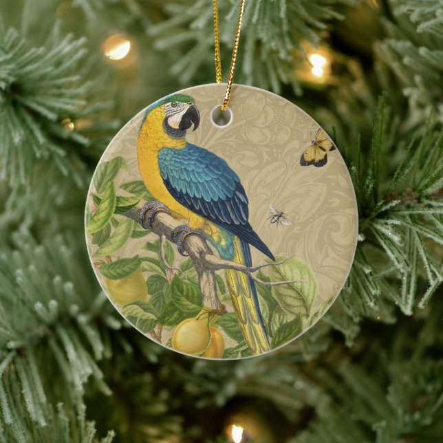 Macaw Blue Yellow Tropical Jungle Antique Ceramic Ornament (Tree)