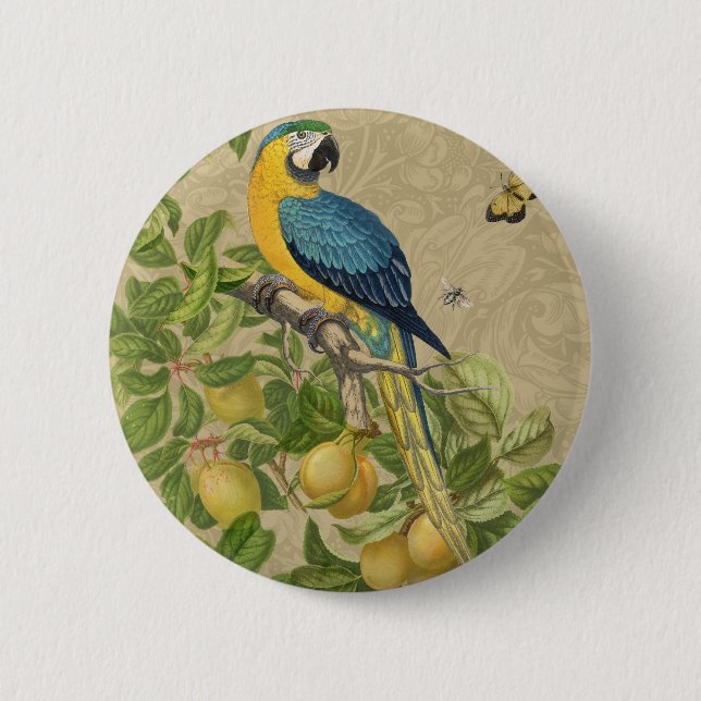 Macaw Classic Victorian Tropical Parrot and Lemon  Button (Front)