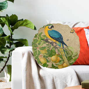 Macaw Classic Victorian Tropical Parrot and Lemon  Round Pillow