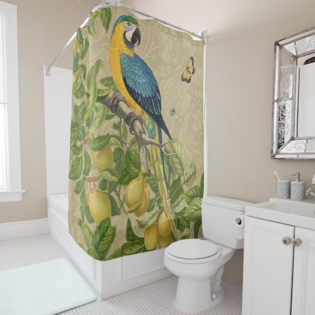 Macaw Classic Victorian Tropical Parrot and Lemon  Shower Curtain (In Situ)