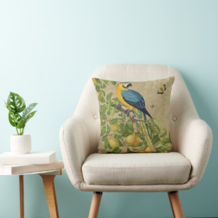Macaw Classic Victorian Tropical Parrot and Lemon  Throw Pillow