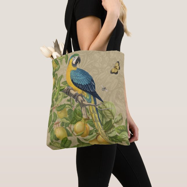 Macaw Classic Victorian Tropical Parrot and Lemon  Tote Bag (Close Up)