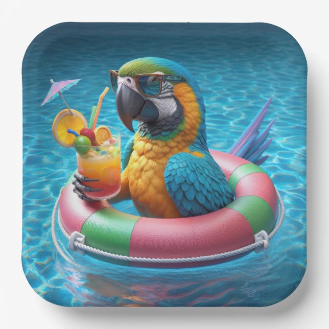 Macaw In a Swimming Pool Paper Plates (Front)