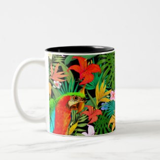 Macaw, Multicolored Flowers & Palm Leaves 