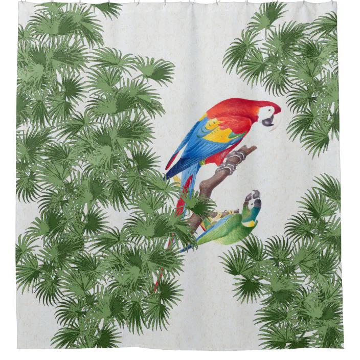 Macaw Parrot Birds Palm Tree Frond, Macaw Shower Curtain