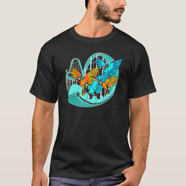 Macaw Parrot Birds Riding Roller Coaster Amusement T-Shirt (Front)