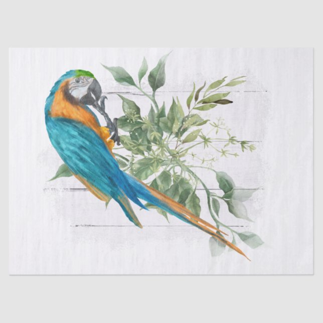 Macaw Parrot Blue Orange Eucalyptus Watercolor Tissue Paper (Front)