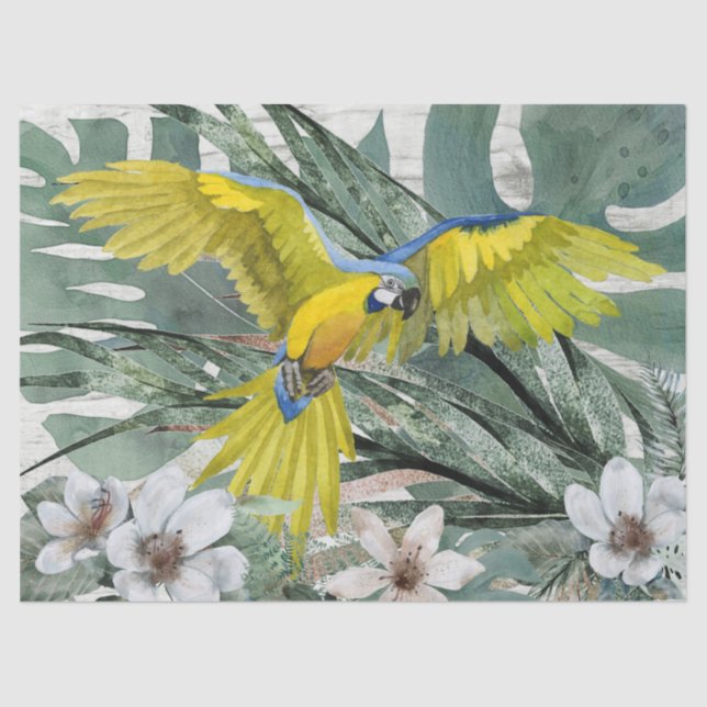 Macaw Parrot Blue Yellow Floral Tropical Tissue Paper (Front)