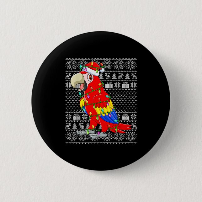 Macaw Parrot Christmas Lights Ugly Sweater Funny B Button (Front)