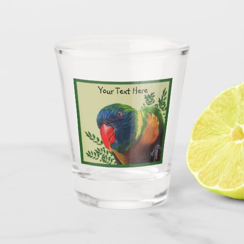 Macaw Parrot Colorful Feathers Green Border leaves Shot Glass
