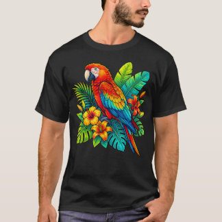 Macaw Parrot In Tropical Flowers Summer Beach T-Shirt