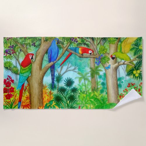 Macaw Parrot Jungle Beach Towel