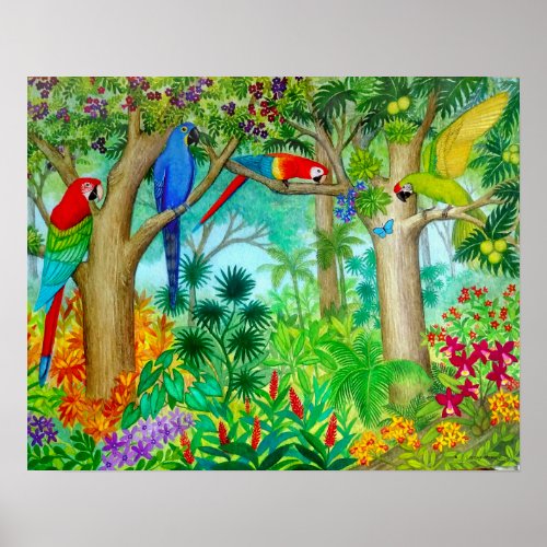 Macaw Parrot Jungle Watercolor Painting Poster