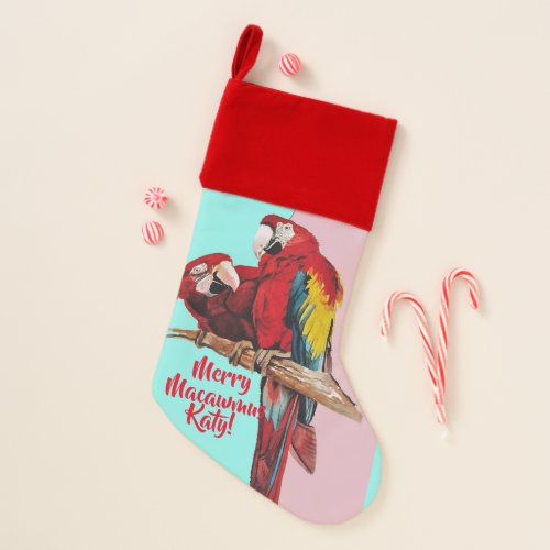 Macaw Parrot Merry Pink Christmas Stocking