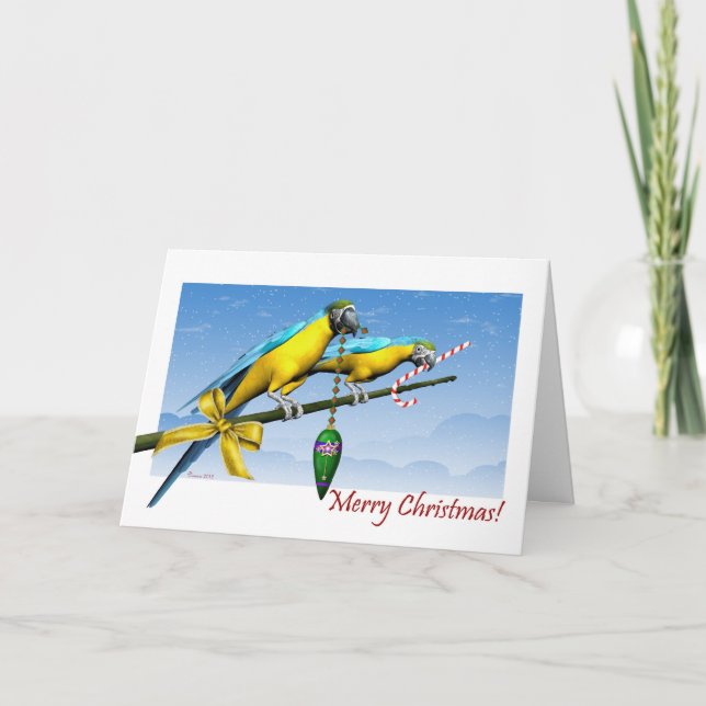 Macaw Parrot Ornament Candy Cane Christmas Card (Front)