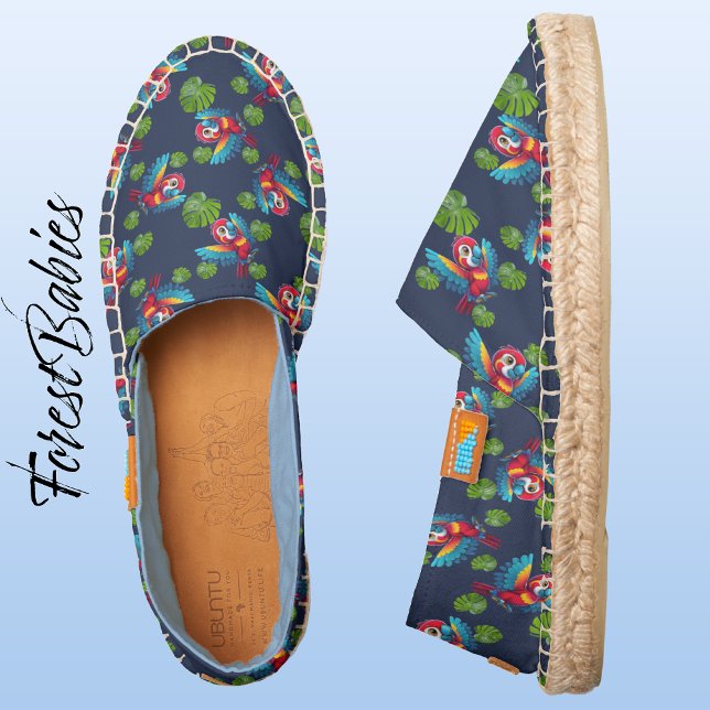 Macaw Parrot Tropical Bird Cute Wildlife Animal 🦜 Espadrilles (Macaw Parrot, Navy/Blue ForestBabies Afridrilles Handmade Shoes - Side)