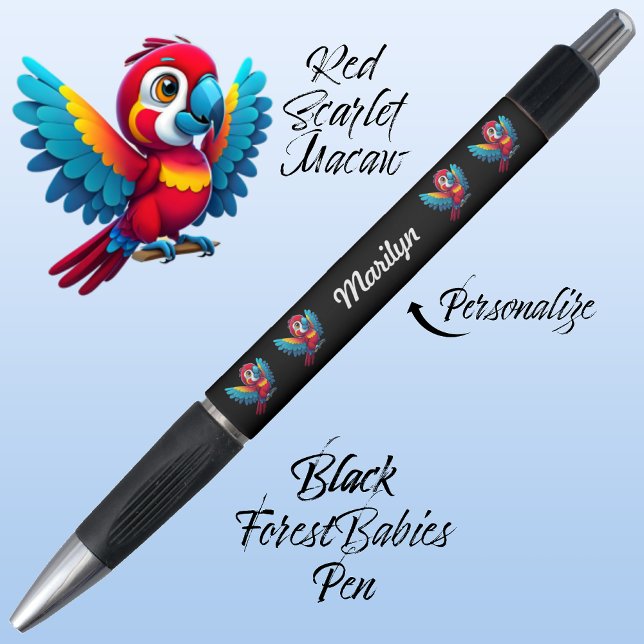 Macaw Parrot, Tropical Bird Safari Animal Black 🦜 Pen (Cute Whimsical Tropical Macaw Parrot Bird Cartoon Graphic, Black Customizable ForestBabies Pen 🐦🌴)