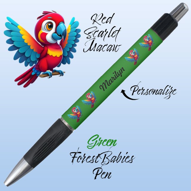 Macaw Parrot, Tropical Bird Safari Animal Green 🦜 Pen (Cute Whimsical Tropical Macaw Parrot Bird Cartoon Graphic, Green Customizable ForestBabies Pen 🐦🌴)