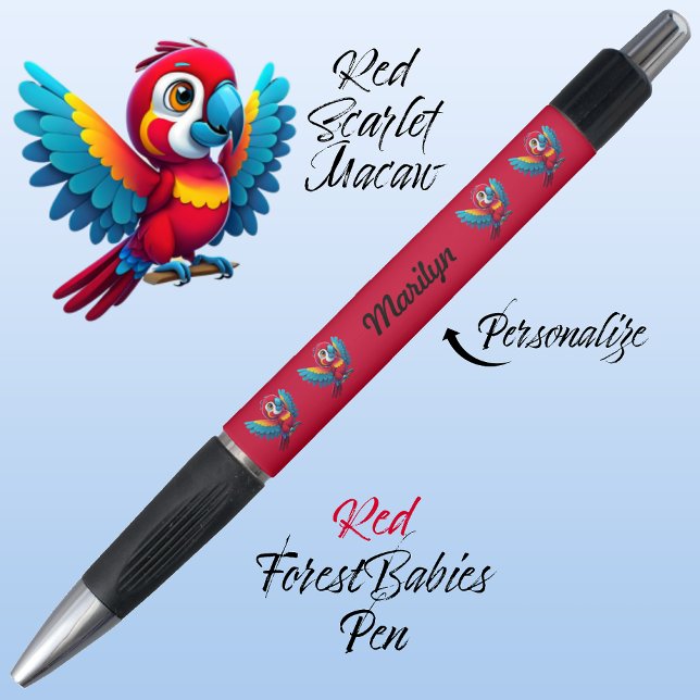 Macaw Parrot, Tropical Bird Safari Animal Red 🦜 Pen (Cute Whimsical Tropical Macaw Parrot Bird Cartoon Graphic, Red Customizable ForestBabies Pen 🐦🌴)