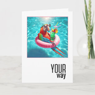 Macaw Parrot With a Cocktail Floating In a Pool Card